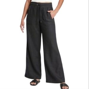 Athleta Cabo 100% Linen Wide Leg Pant Black Activewear Elastic Tie Waist